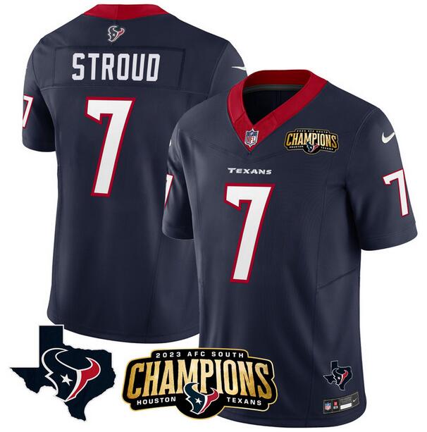 Men's Houston Texans #7 C.J. Stroud Navy 2023 F.U.S.E. AFC South Champions Patch And Team Logo Patch Vapor Untouchable Limited Football Stitched Jersey